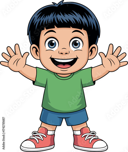 Cheerful Cartoon Boy Waving Hello with Open Arms and Big Smile