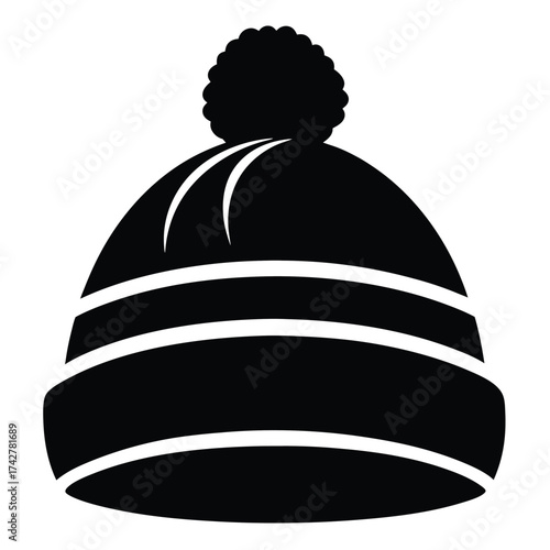 Solid black winter hat with a pom pom in simple representation