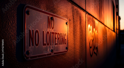 Severe Warning Illuminated: A Crimson Sign Against the Setting Sun and Graffiti