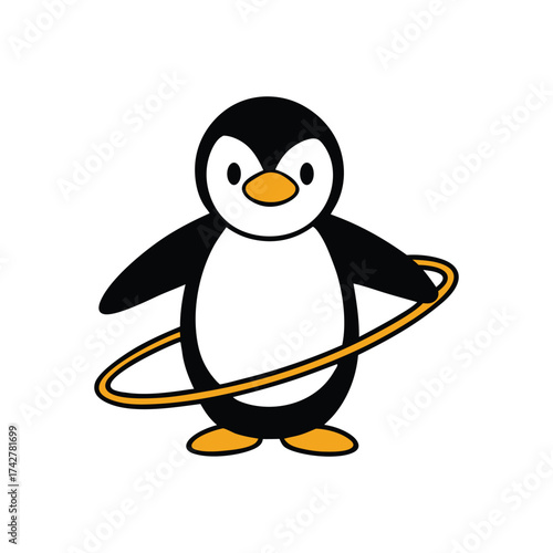 Adorable cartoon penguin joyfully hula hooping with a hoop fun animal activity