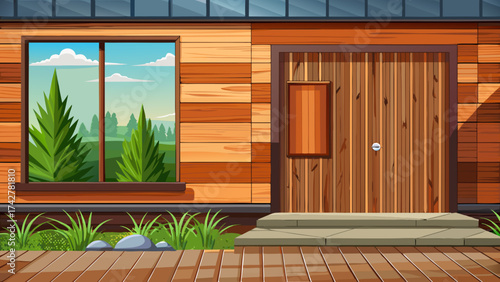 Exterior wooden wall cladding texture, natural cedar planks, weather-resistant surface, rich brown color, realistic vector rendering, ideal for architectural visualization and outdoor facade design.