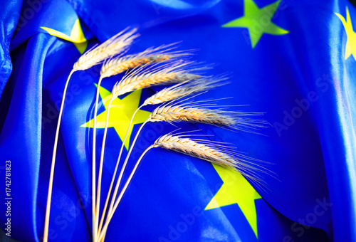 European Flag With Wheat as Agriculture farming in European Union. Wheat on blue flag yellow stars EU. Wheat grain shipment. EU wheat export prices. Export of rye, barley, corn. EU grain prices. Crop.