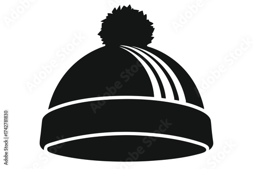 Black and white winter hat has a pompom on top and striped accents
