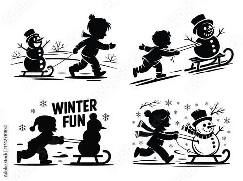Kids Playing with Snowman Winter Holiday Fun Silhouette Illustration