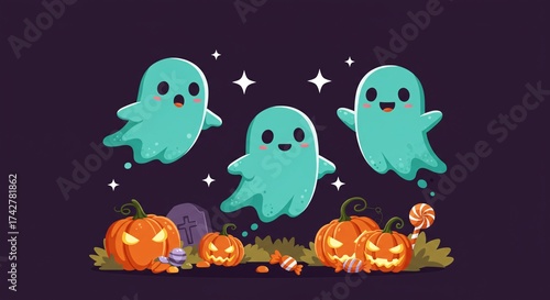 Cute Cartoon Ghost Family Floating with Pumpkins and Candy on Bright Turquoise Halloween Background Illustration