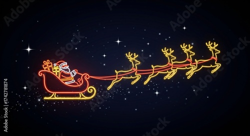 Santa’s Sleigh Outlined in Yellow and Cyan Neon Lights Flying Fast Across the Night Sky with Glowing Reindeer