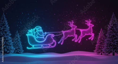 Futuristic Santa’s sleigh outlined in holographic neon cyan and magenta lights on dark background
