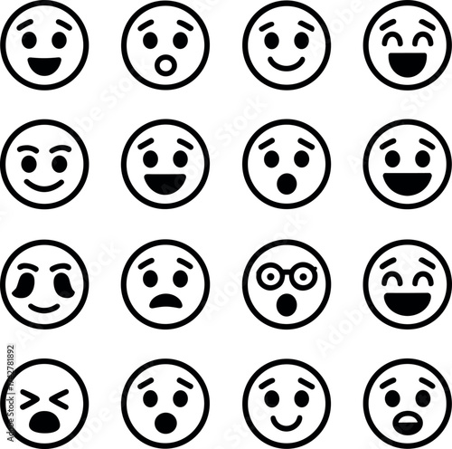 Collection of 16 Black and White Emoji Icons Expressing Various Emotions