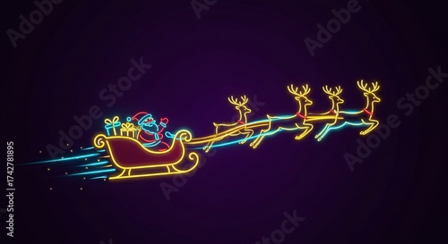 Santa’s sleigh outlined in yellow and cyan neon lights flying fast across night sky with glowing reindeer