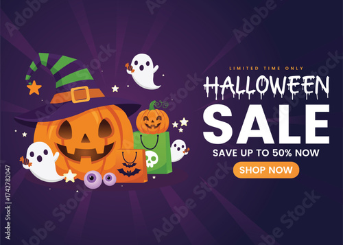 Spooky Halloween sale background with pumpkin, ghosts, witch hat, and decor. Perfect for trick or treat deals, discounts, and online store promotions on October 31st.