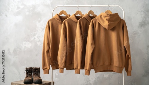 Brown Hoodies Hanging on Rack with Leather Boots with Lifestyle Fashion.
