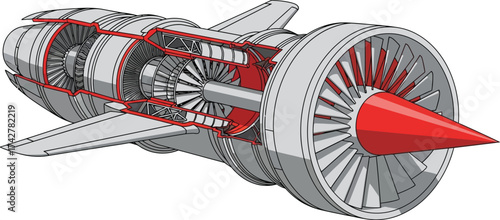 Jet engine cross section diagram for aviation engineering editable vector