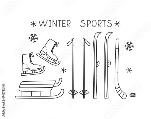 Winter sports, hand lettering. Hand-drawn doodles. Snowflakes, line icons. Skates, skis, sleds, hockey stick. Sports equipment set.