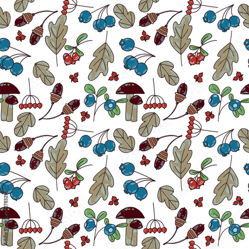 Seamless vector pattern of autumn leaves, rowan berries, mushrooms and blueberries. All objects are hand-drawn in vector. The illustration is suitable for printing on fabric, paper, textiles, design.