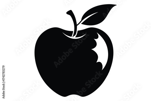 A of a bitten apple with a leaf and stem in black stands out