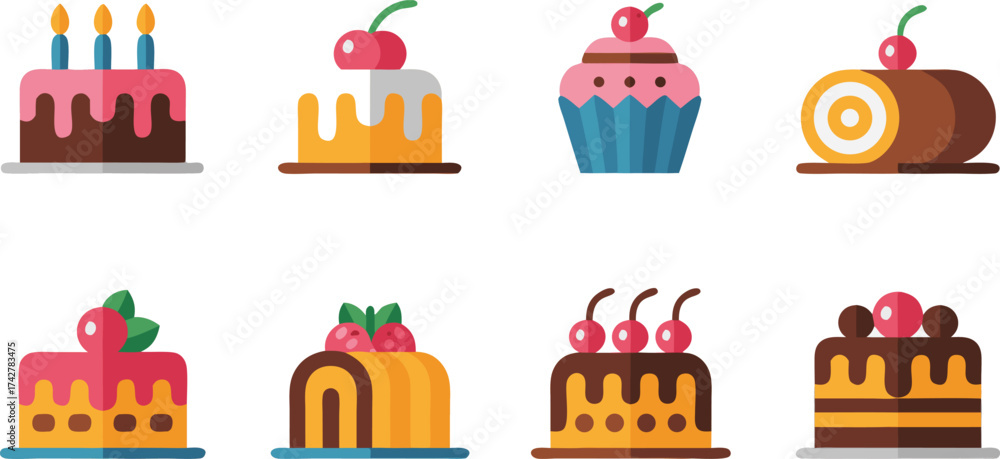 Fototapeta premium Collection of Geometric Style Icons Featuring Diverse Dessert Treats and Celebratory Cakes
