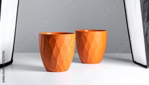 Orange ceramic coffee cups on white table with studio background.