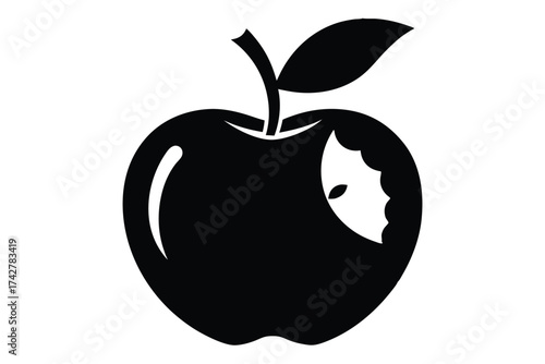 A bold black apple outline shows a significant bite mark on its side