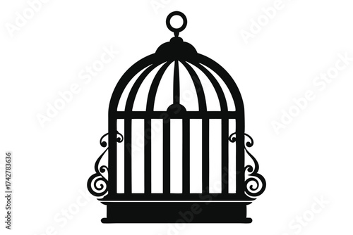 A silhouette showcases an intricately designed black birdcage against a stark white background