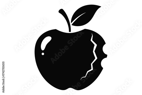 A bitten black apple with stem and leaf is prominently displayed against a white backdrop