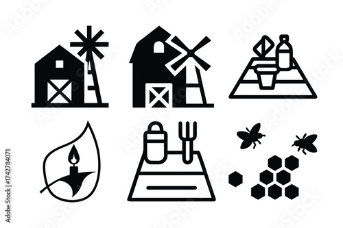 A Visual Representation of Sustainable Agriculture Practices Showcasing Renewable Energy, Responsible Farming, and Beekeeping for a Thriving Ecosystem