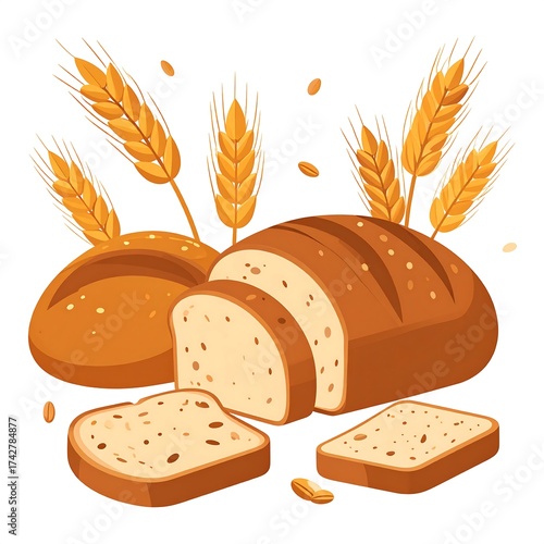 Illustration of fresh bread with wheat sprigs on white background