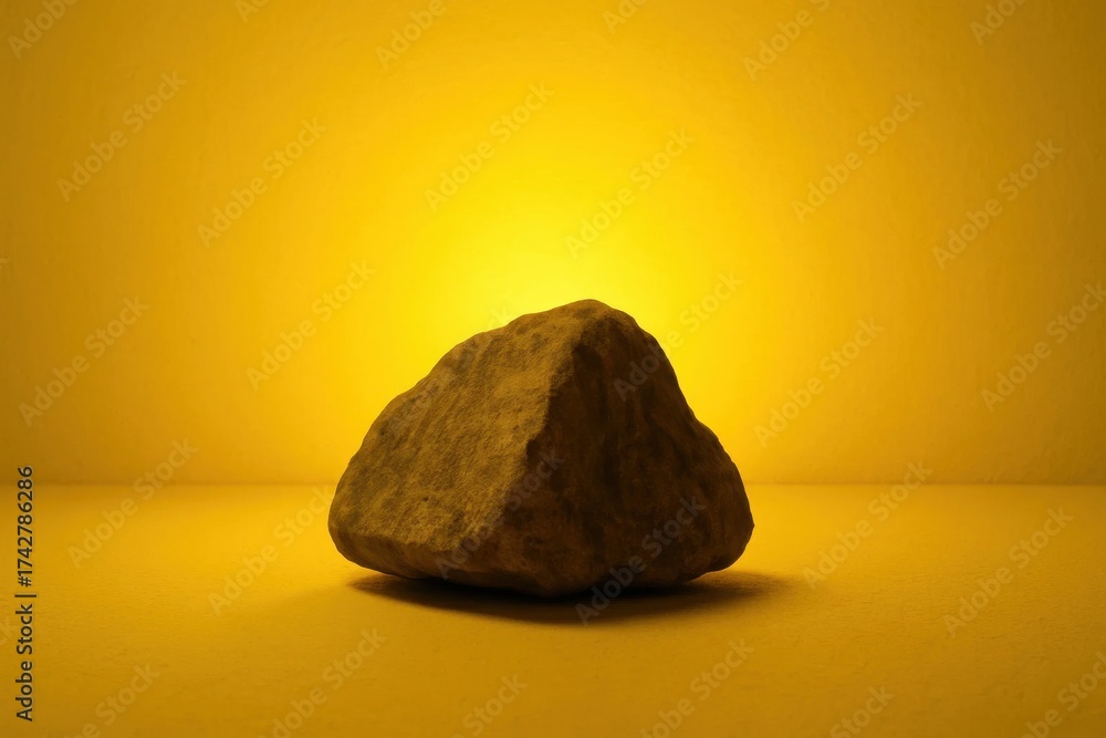 Naklejka premium A lone brown boulder stands in solitude against a radiant yellow backdrop, embodying the raw beauty of nature