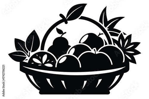 Black silhouette showcases a fruit basket filled with apples, orange, and pear with leaves