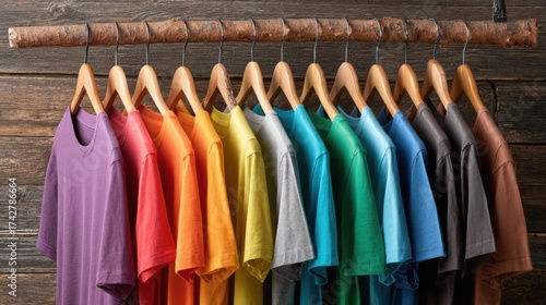 Wallpaper Mural Brightly colored t-shirts are displayed on a wooden rack in a retail space. The arrangement shows a variety of hues, inviting customers to explore their options. Torontodigital.ca