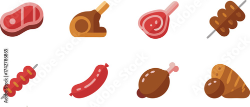 Collection of Eight Geometric Style Meat Icons Representing Various Cooked and Raw Food Items Suitable for Menus or Food-Related Graphics