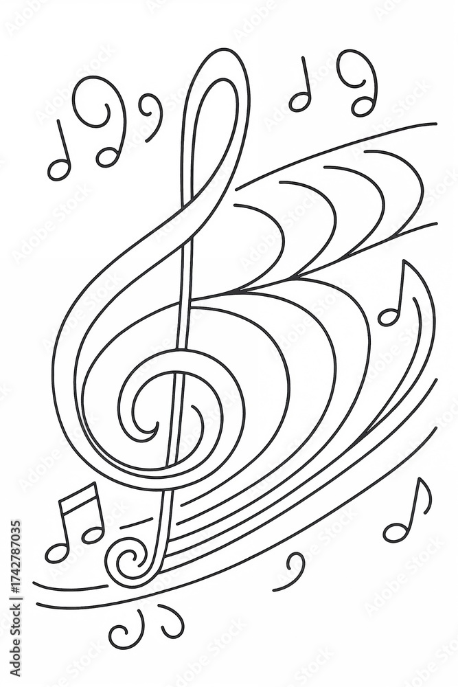 Fototapeta premium Coloring page of musical notes and treble clef in artistic design