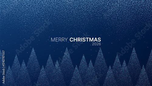 Merry Christmas 2026 text with blue snowy tree landscape. Winter holiday background with bokeh effect for greeting card and festive invitation.