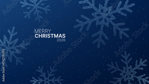 Dotted snowflakes on a dark blue background with Merry Christmas 2026 text. Festive winter holiday pattern for greeting card or banner.
