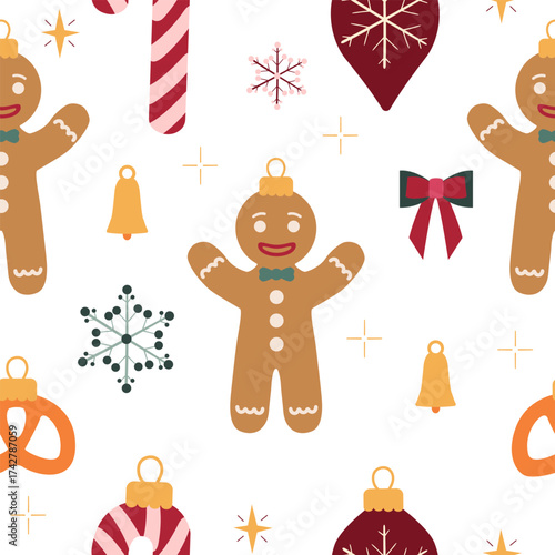 A seamless pattern featuring charming Christmas toys, gingerbread men, and candy canes. Perfect for printing on fabric, wrapping paper, greeting cards, and festive home decorations.
