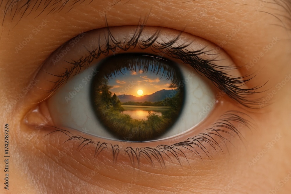 Naklejka premium A serene sunset over a lush landscape reflected in an eye