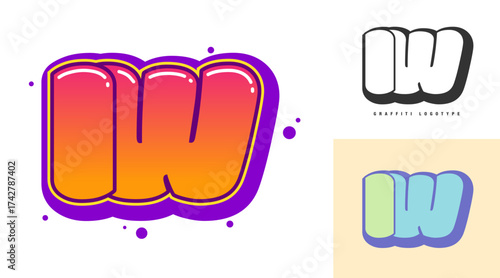 IW logo design for festival or party. Initial letter i and w in graffiti style. Creative modern lettering company name of font typography. Kids trendy logotype or identity.