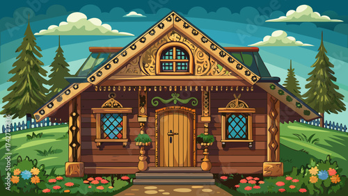 
A very beautiful . Old wooden cottage /facade detail with slavic motivs on it.