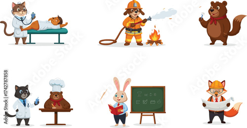 Cute cartoon animals in professional careers including doctor, firefighter, chef, teacher, engineer, vector illustration on white background.