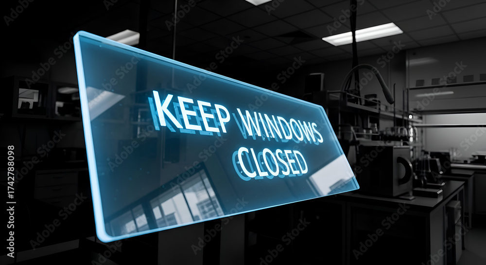 Fototapeta premium Signage Inside Laboratory: Keep Windows Closed Illuminated With Blue Edges For Safety