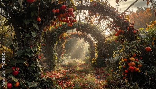 Fototapeta Naklejka Na Ścianę i Meble -  Lush garden pathway with arches, adorned with red fruits and vibrant foliage