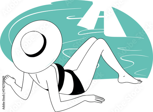 Woman in a wide-brimmed hat relaxing by the pool with sun rays