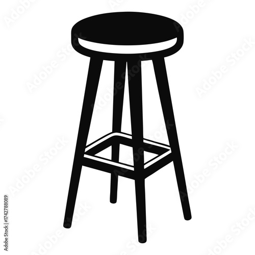 A black of a round stool features three legs with supports