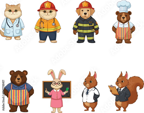 Cartoon animal characters in different professional outfits including doctor, firefighter, chef, teacher, business attire, cute job vector illustration.