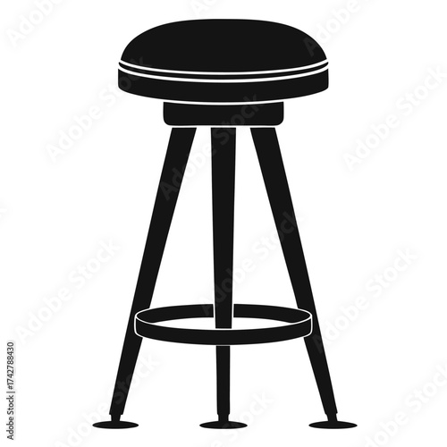 Solid black silhouetted stool features a cushioned seat and three supporting legs with footrest ring