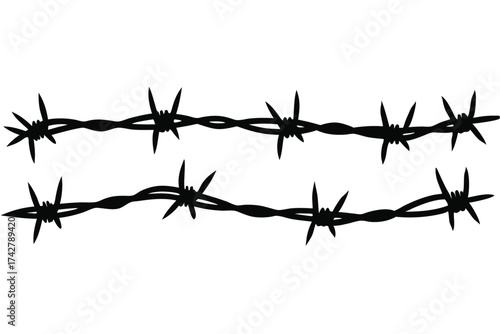 Two strands of menacing black barbed wire are displayed against a white backdrop