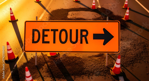 Traffic Detour Sign Directs Travelers Away From Road Construction Zone.