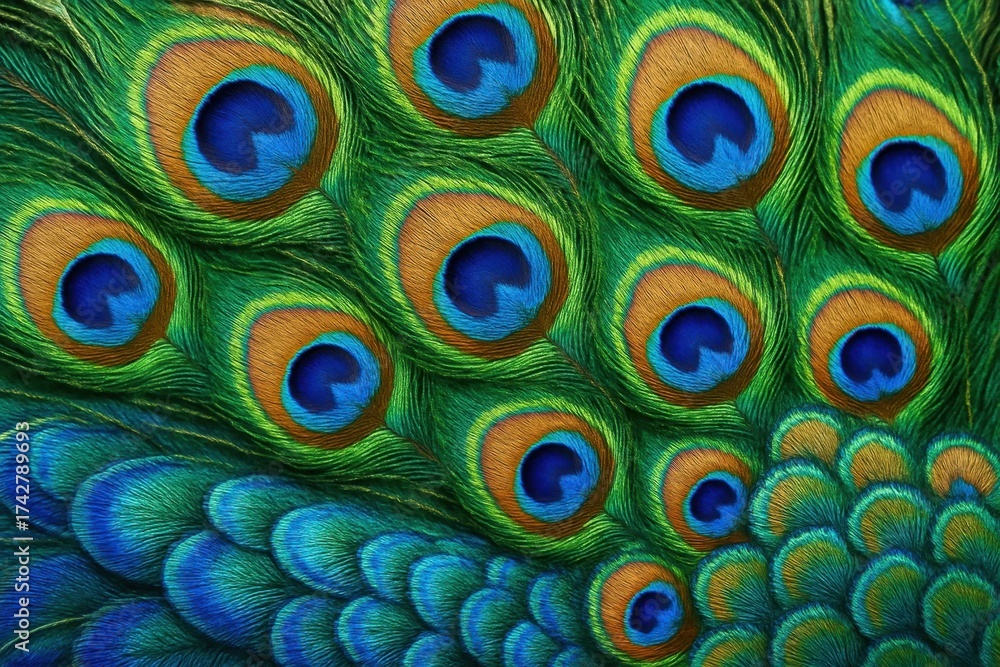 Obraz premium Peacock feathers in a mesmerizing pattern of blue and gold