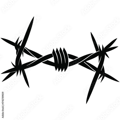 Sharp black barbed wire segment depicts danger and boundaries against a stark white background