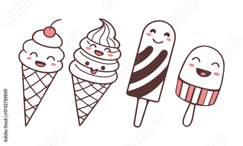 Kawaii Ice Cream & Popsicle Icons – Cute Dessert Vector illustration Set, easily editable.