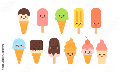Kawaii Ice Cream & Popsicle Icons – Cute Dessert Vector illustration Set, easily editable.